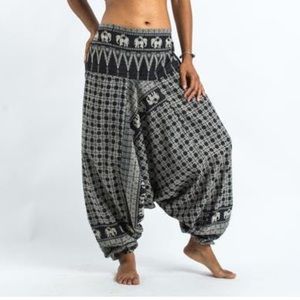 Harem Hill Tribe Elephant Bohemian Black White Low Crotch One Size Pants